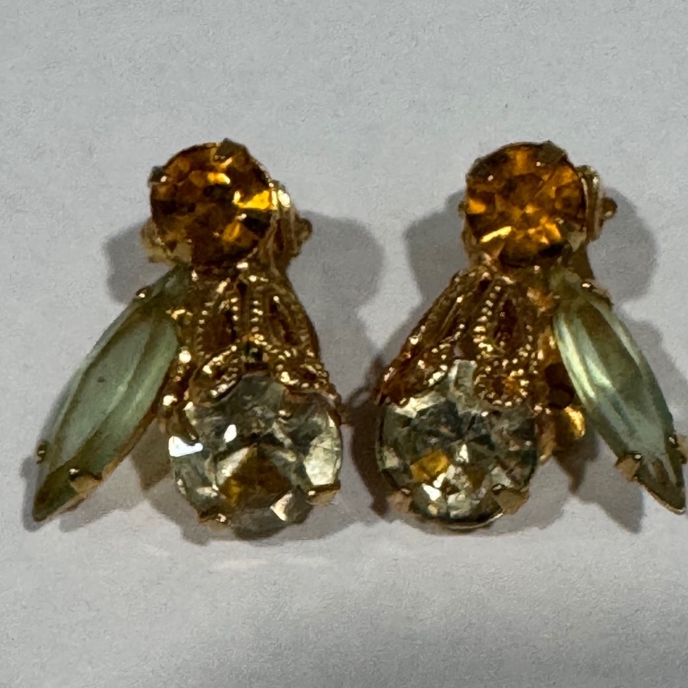 Unsigned Clip-On Earrings Women Gold Amber Green Rhinestone Vintage Filigree
